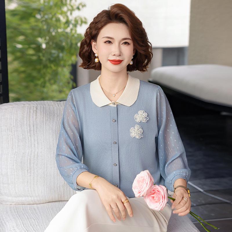 

Women s Stylish Summer Knit Top with Gauze Sleeves - Perfect for Mid-Aged to Elderly Ladies 5XL (recommended 75-82.5 kg) синій