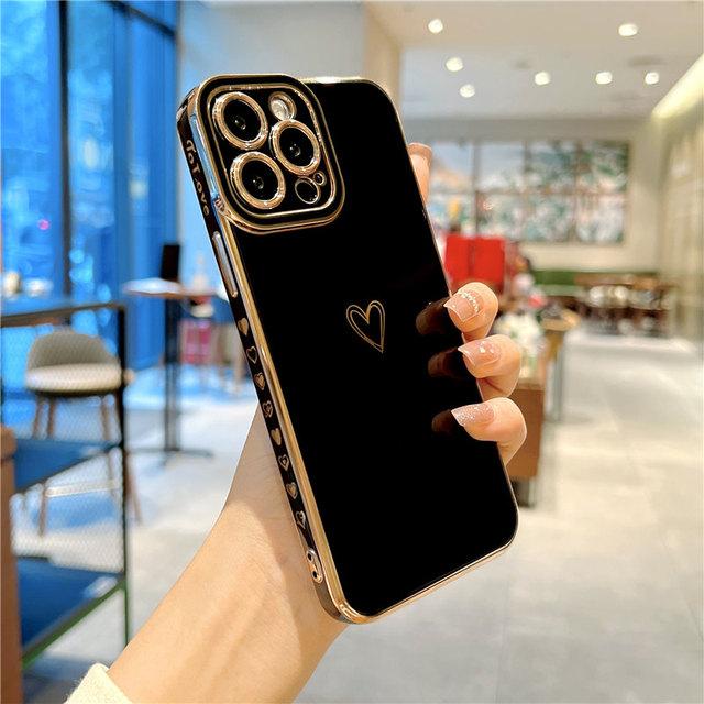 Funda Suave Electrochapada con Corazón de Amor para iPhone 13 Pro Max 12 11 Xs Max X Xr 7 8 Plus 12 Pro Cubierta Electrochapada con Protección para la Cámara