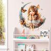 Girl On Moon with Butterflies Wall Stickers, Removable Waterproof Moisture-Proof Self-Adhesive PVC Decals for Kids Room Bedroom Living Room Decoration