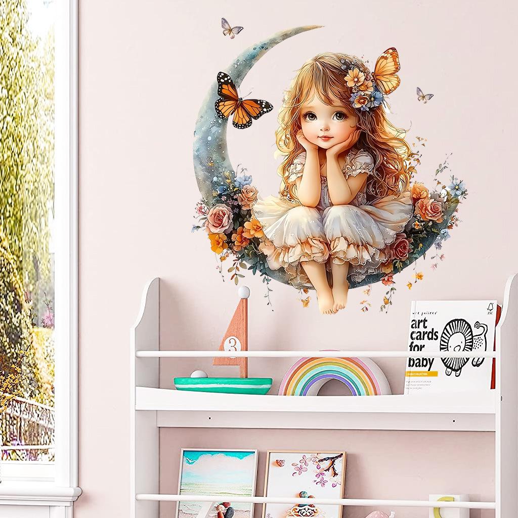Girl On Moon with Butterflies Wall Stickers, Removable Waterproof Moisture-Proof Self-Adhesive PVC Decals for Kids Room Bedroom Living Room Decoration