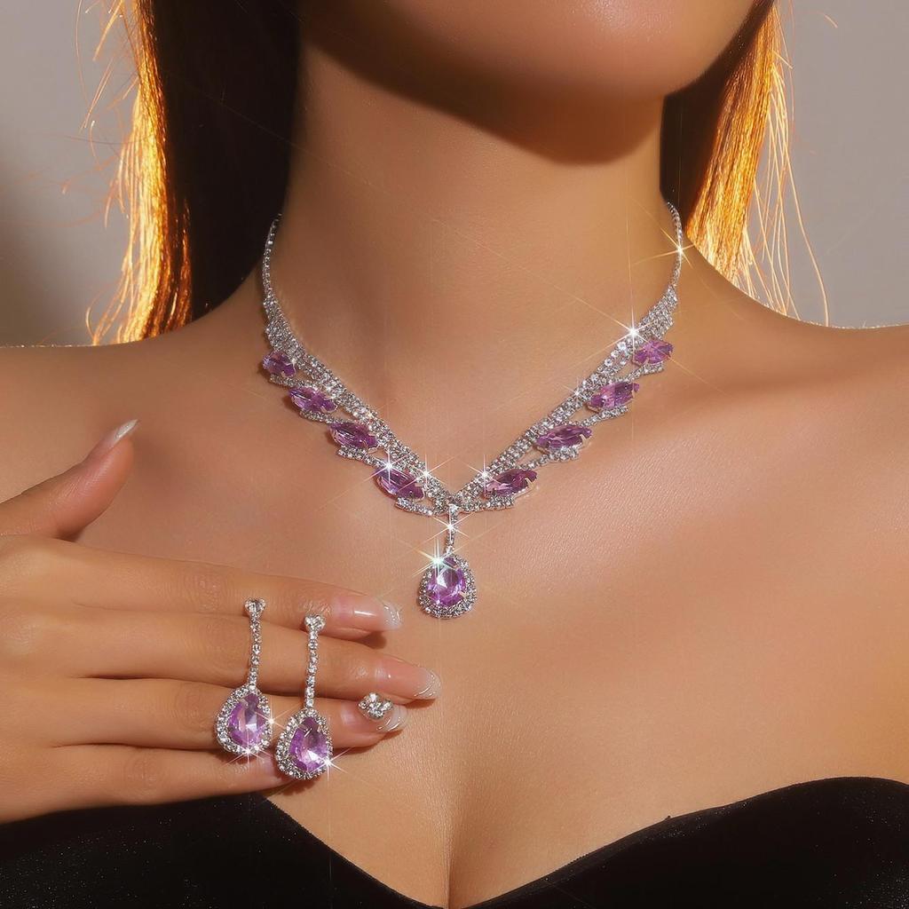 Luxury Sparkling Crystal Super Beautiful Necklace Earrings Set Bridal Jewellery Amethyst Water Drop Pendant Earrings Two Sets