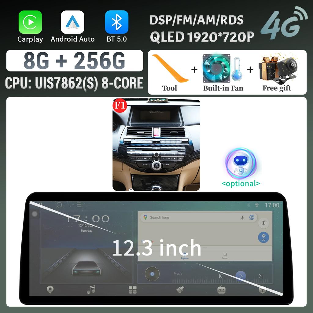 12.3inch For Honda Accord 8 2009-2013 Car Radio Multimedia Navigation Wireless Bluetooth CarPlay 4G GPS Screen Head Unit Stereo