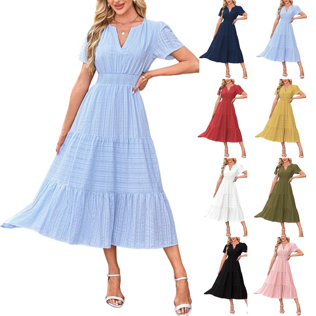 Women's V-neck Pleated Puff Sleeve Long-sleeved Dress