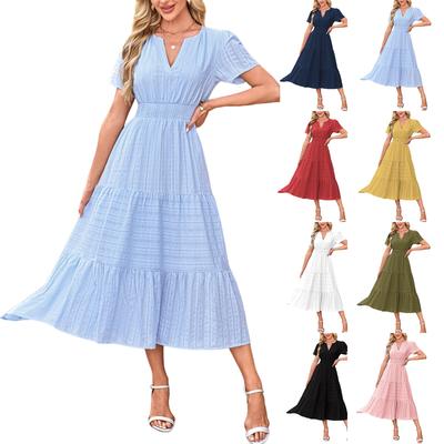 Robe plissée à manches longues et col en V pour femme