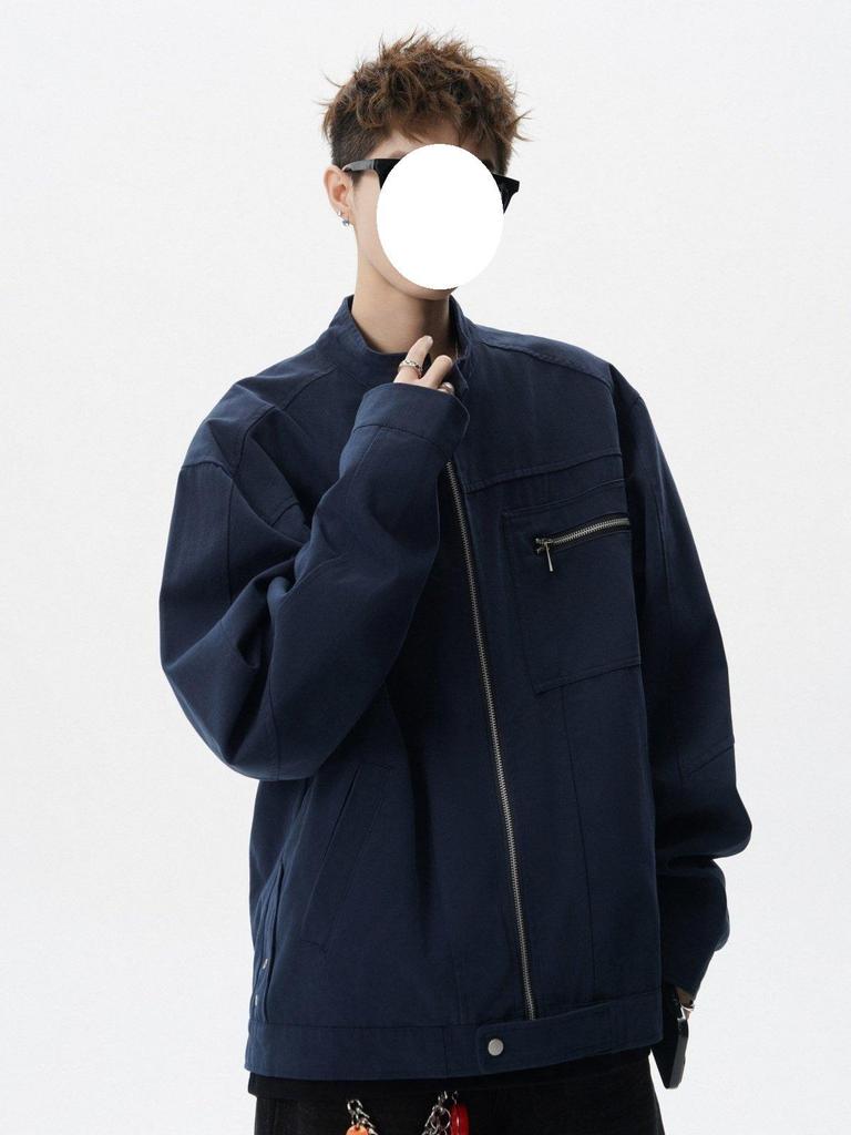 Men's Retro Canvas Patchwork Jacket - American Style Stand-Up Collar Casual Outerwear