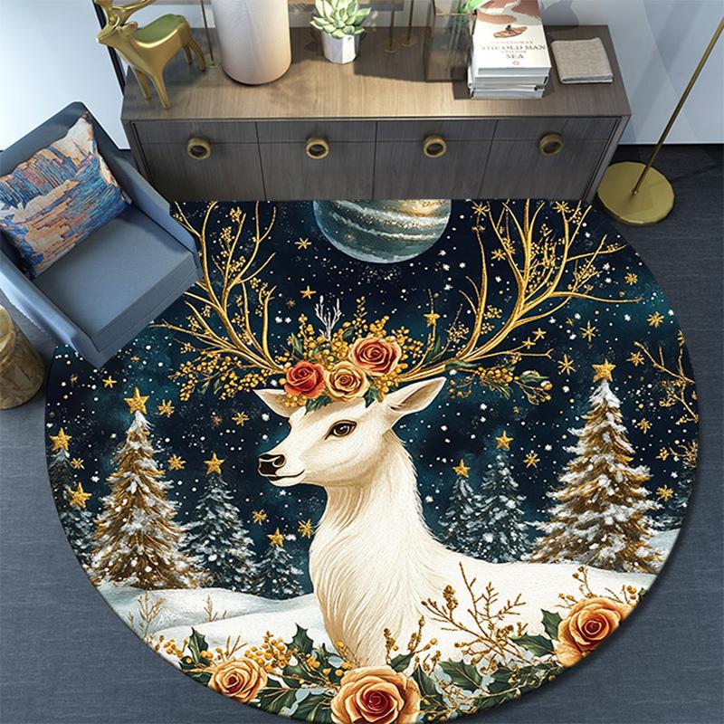 Winter Deer Round Area Rug,Carpet Rug for Living Room Bedroom Sofa Playroom Decor,Non-slip Floor Mat