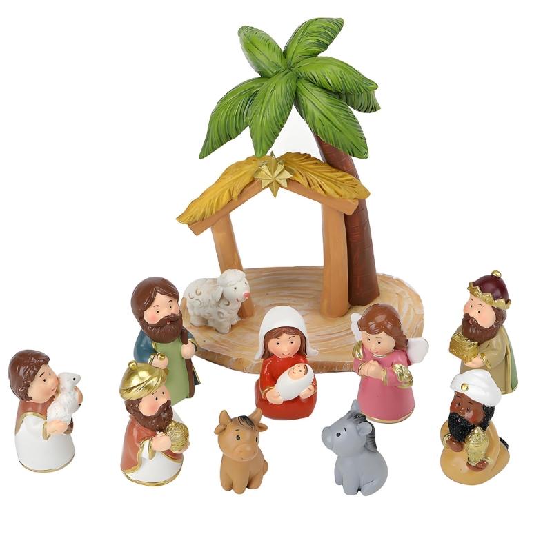 Christmas Cartoon Nativity Scene Miniature Figurines Set Resin Manger Scene Statues Ornaments for Home Decoration Collectible Gift