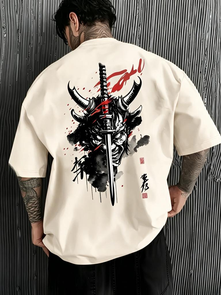 Unisexs 100 Cotton Tshirt Summer Loose Breathable and Comfortable Samurai Ghost Face Print Casual Shortsleeved Shirt