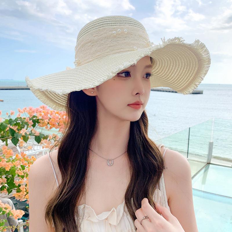 Women Summer Beach Straw Hat Korean Seaside Brim Sunblock Sunshade Holiday  Big Cool Bow Hat