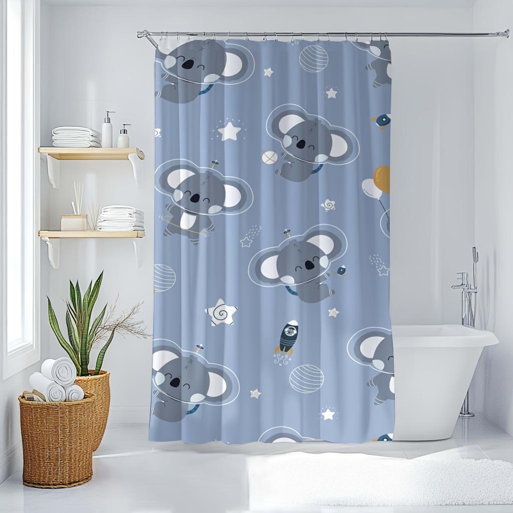 1 whimsical blue and white animal print shower curtain - polyester with cute cartoon animals and stars, machine washable 90X180cm
