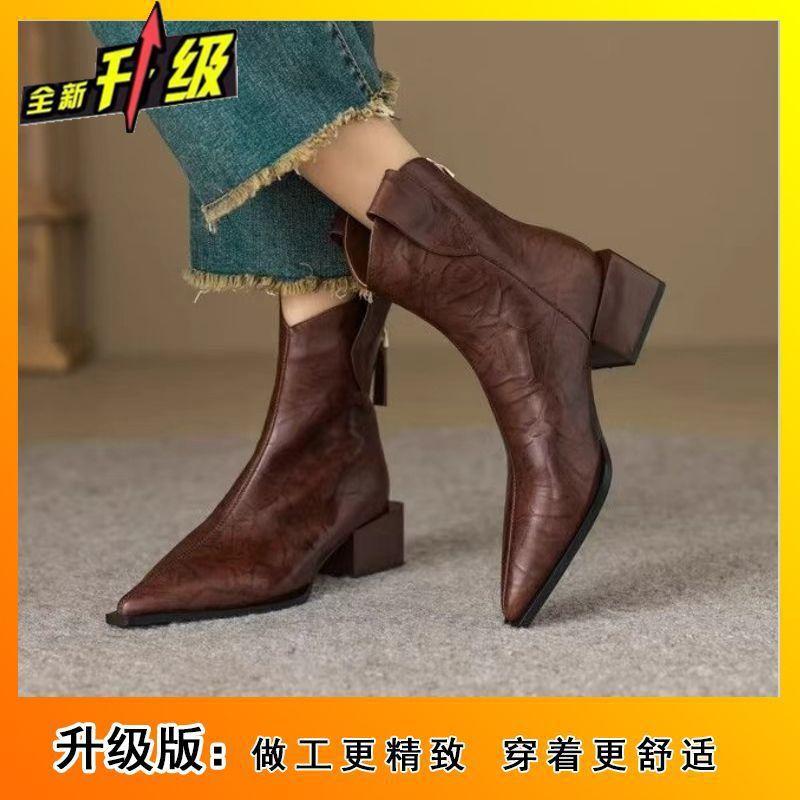 Fashion Versatile Pointed Temperament Coarse Heel Women's Short Boots 2025 Autumn and Winter New British Martin Boots Children
