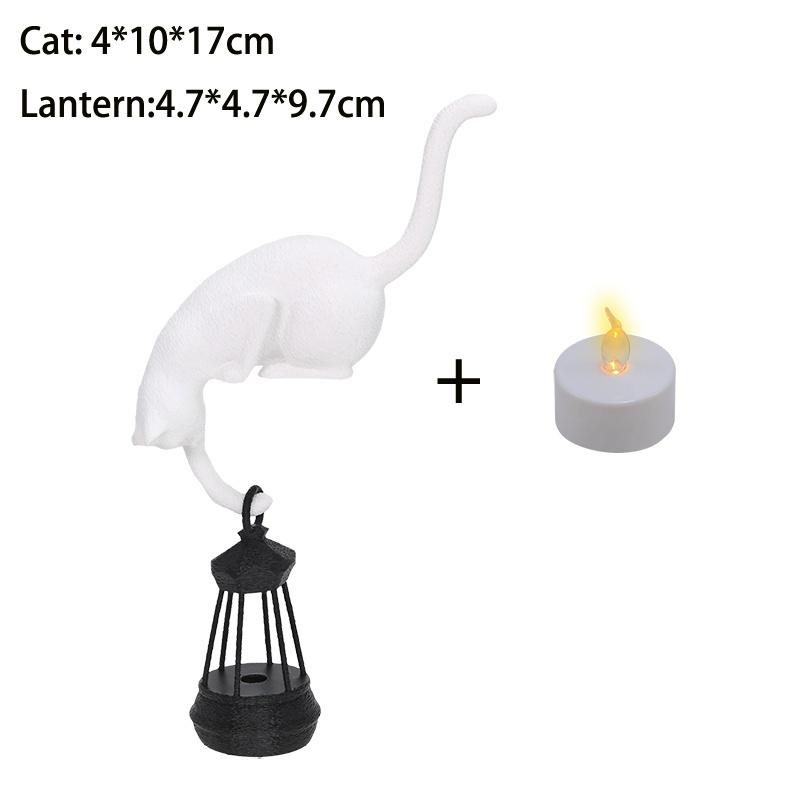 Cat Shelf Hook With Lantern Figurine Statue Home Bedroom Desk Ornament Decoration Night Light Accessories Gift