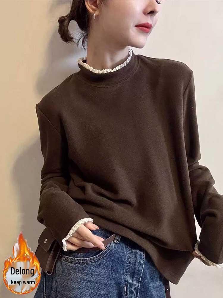 Color-Contrast Lace Half-High Collar Fleece Long-Sleeve Women's T-Shirt - 2026 Fashionable Casual Age-Defying Base Layer