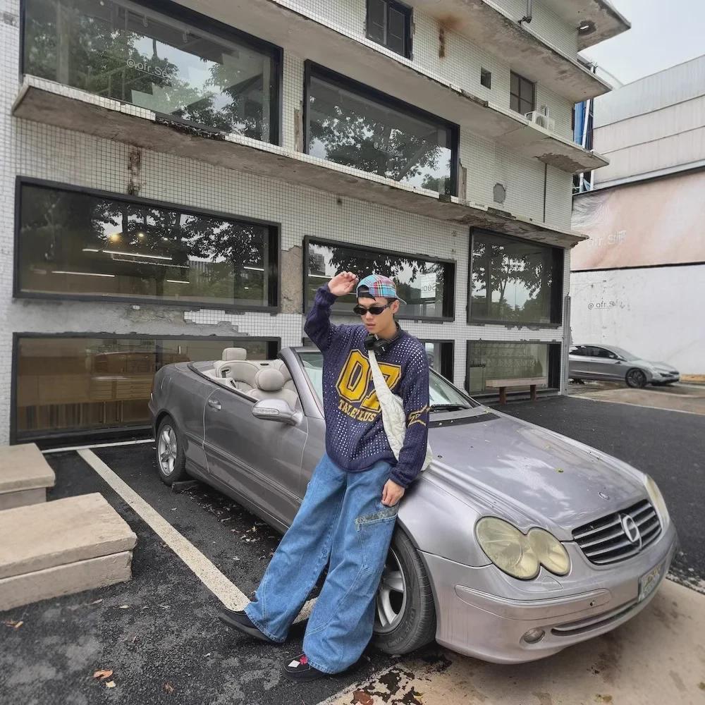 Men's Retro Leopard Patchwork Wide-Leg Jeans - Washed Scimitar Design, Spring/Autumn Style