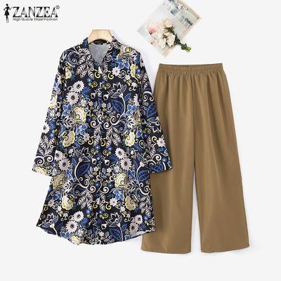 Women Spring Shirt Collar Long Sleeve Printed Shirt Straight Pants Two Piece Sets