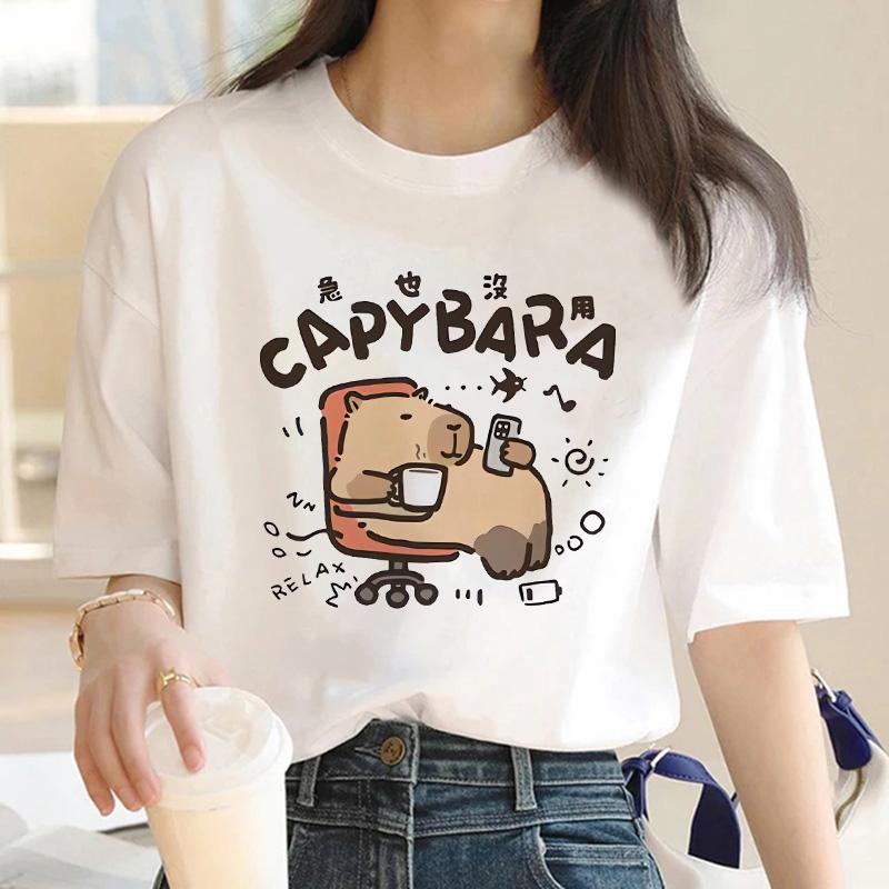 Manga Relax Capybara Print T-shirt Short Sleeve Capibaras Casual Summer Spring Women's Clothing Top Tee