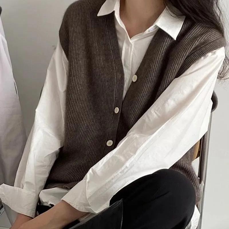 WTEMPO Solid Color Knitted Vests Office Ladies Elegant V-Neck Button Cardigans Coats Women's Spring Autumn Loose Sweater Vests