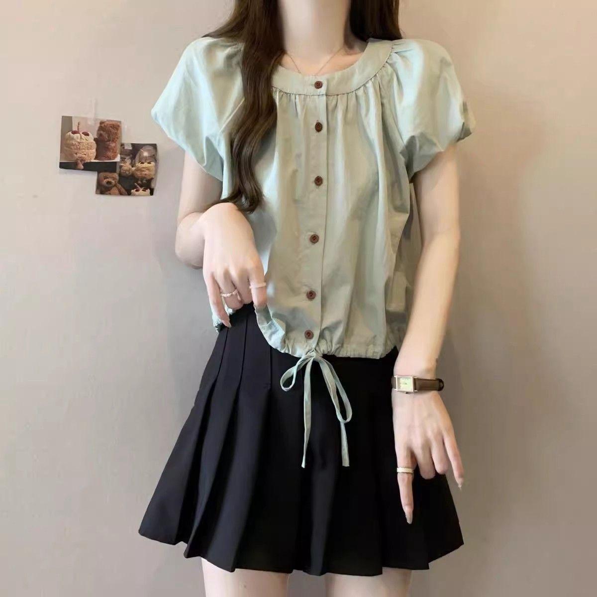 Cropped Round Neck Puff Sleeve Blouse Button Down Adjustable Drawstring Hem Summer Women Top s