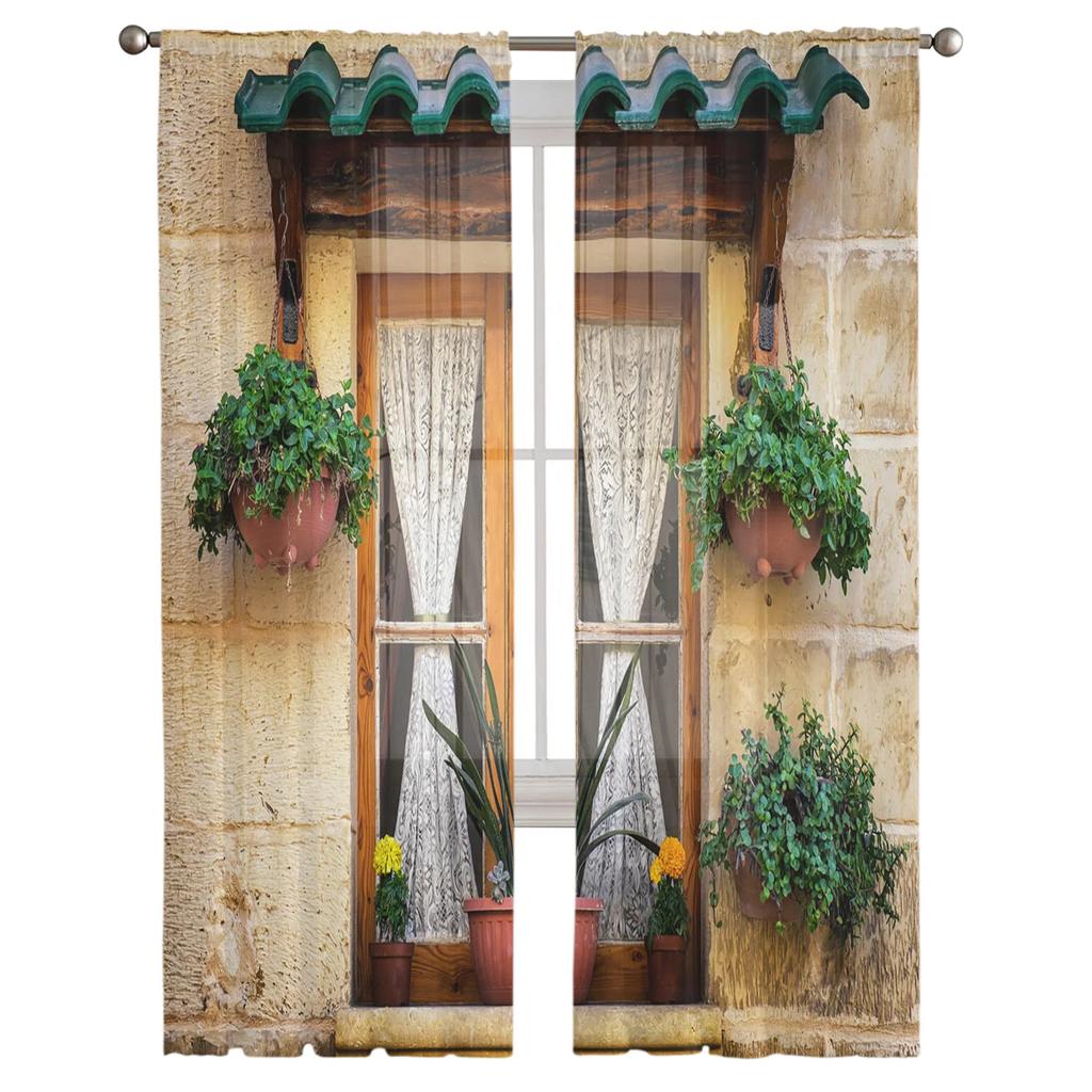Cortinas de janela de tule transparente para sala de estar, quarto, cortinas de organza de voile modernas, janelas de madeira, ladrilhos de tijolos