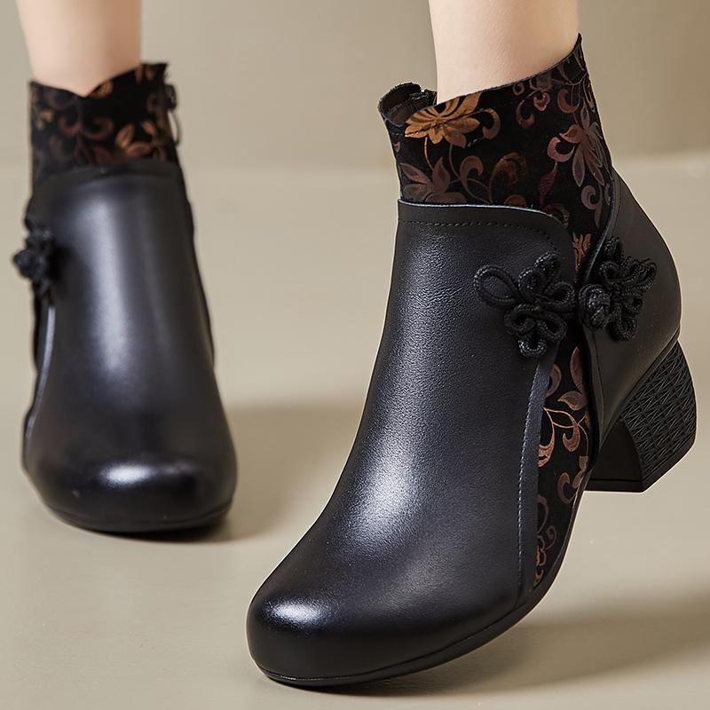 Mode GKTINOO Echtes Leder Stiefeletten 2025 Winter Neu Ethnisch Bedruckte Damenstiefel Weiche Sohlen Dicke Absätze Lederstiefel für Mütter