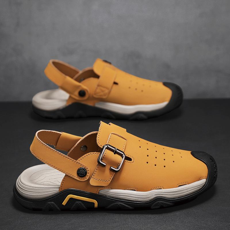 

Модные мужские сандалии из перфорированной кожи, летние классические шлепанцы двойного назначения, мягкие, модные, повседневные, удобные, для улицы, пляжа, ходьбы 45 жёлтый