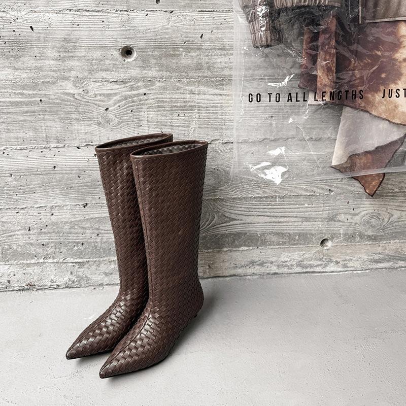 3.7CM autumn new microfiber woven small short boots pointed minimalist style fashionable versatile pointed thin heel high boots