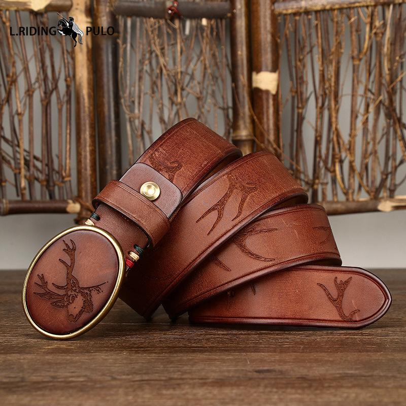 Cintura Trendy con Fibbia Liscia a Motivo Intagliato Retro Uomo Vera Pelle Primo Strato Pelle Bovina Cintura con Fibbia Uomo