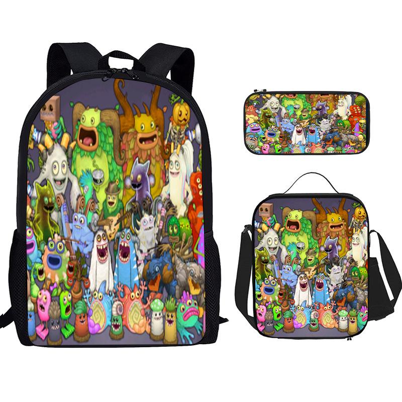 Monster Singer Elementary School Bag Three-Piece Nylon Printed Backpack Breathable Backpack Lightweight