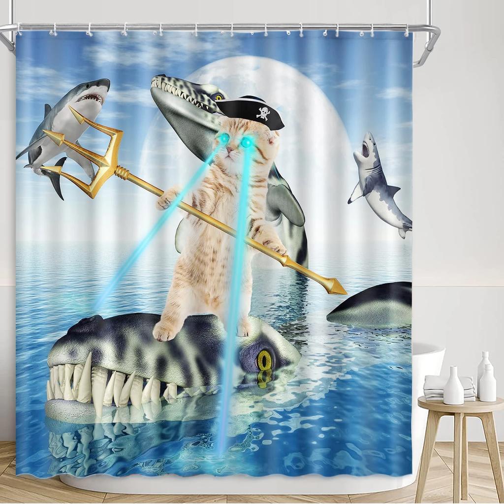 Funny Cat Shower Curtain, Colourful Galaxy Funny Riding Shark In Ocean, Beach Cartoon Turtle Coral Laser Bathroom Decoration