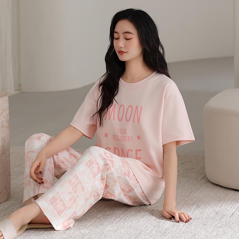 Flower Blossom Liying Spring Women's Short sleeved Pants Pajama Letter Printed Simple and Comfortable Pajama HK