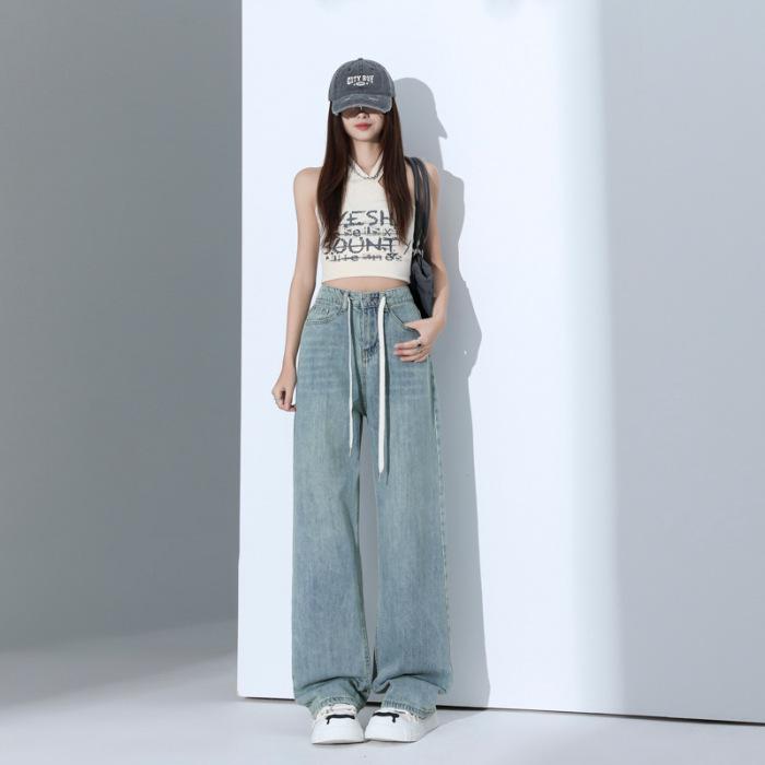 Women s Retro Wide-Leg Light Blue Drawstring Jeans - Casual Slimming Straight-Leg Pants for Spring & Summer XXL