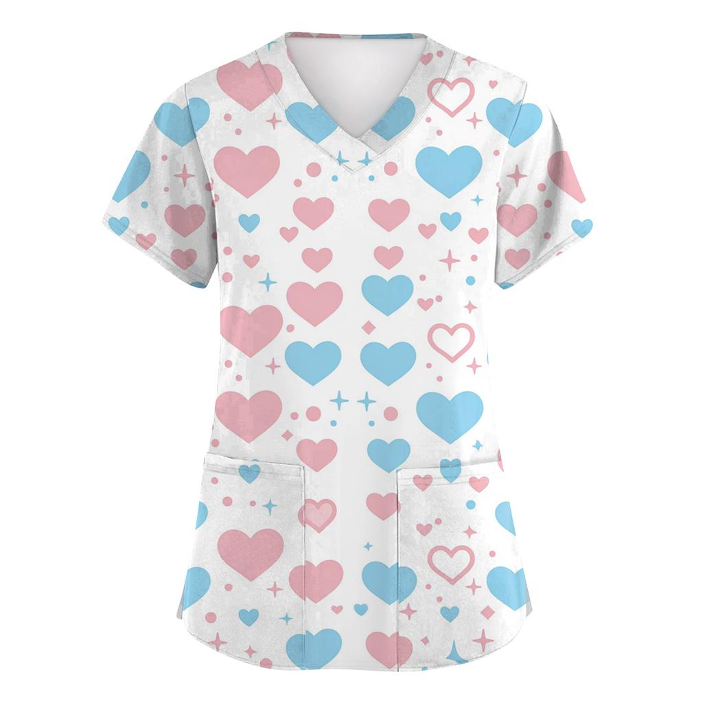 Women V Neck Printed Scrub Top with Heart Pattern Short Sleeve Uniform Top for Veterinary