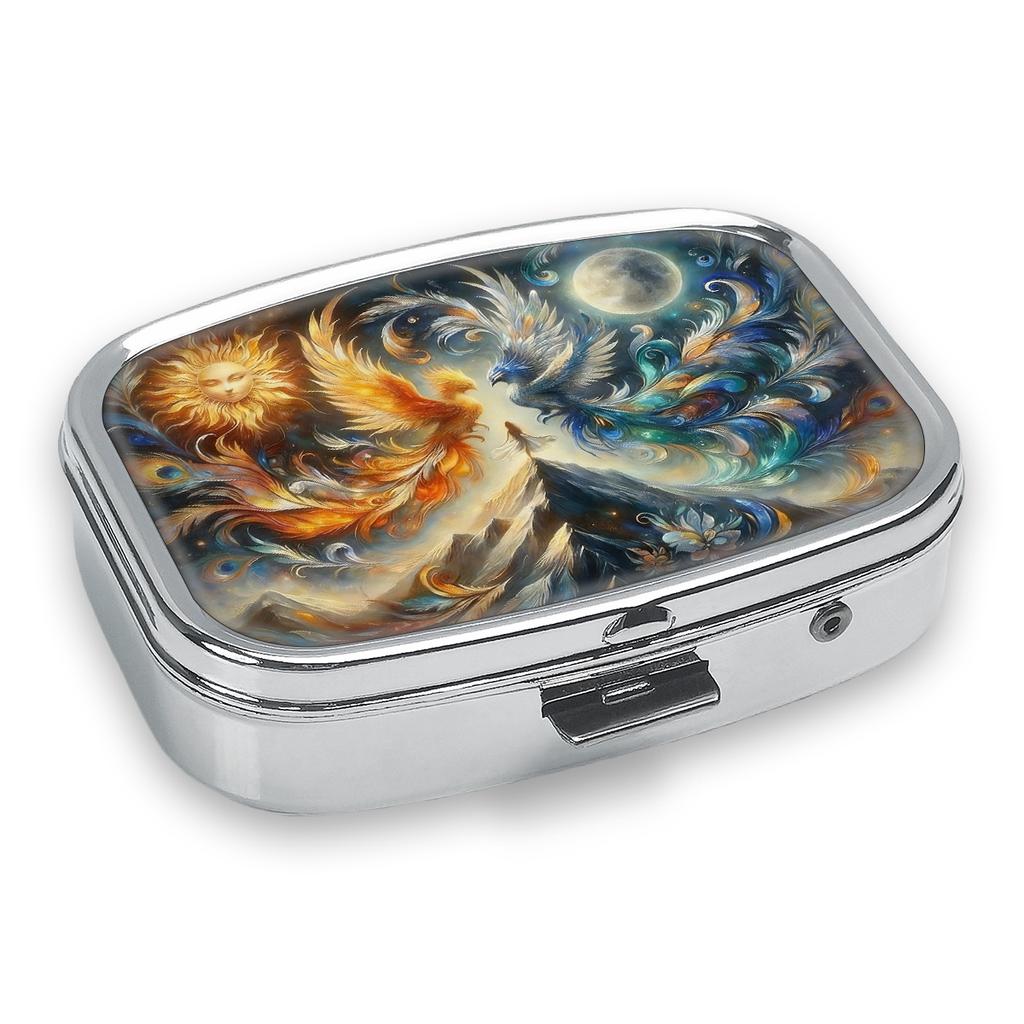 Tragbare Pillendose mit 2 Fächern, Mini-Metall-Medikamenten-Organizer-Etui, Niedlicher bedruckter Pillenbehälter für Vitamine, Pillen, Schmuck, Reisen, Tägliche Anwendung