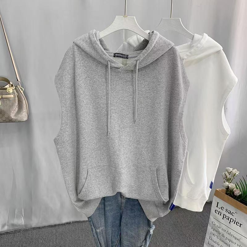 Spring/Autumn Loose Plus Size Hooded Vest Sweatshirt, 2-300 Jin, Mid-Length, Sleeveless Coat for Women