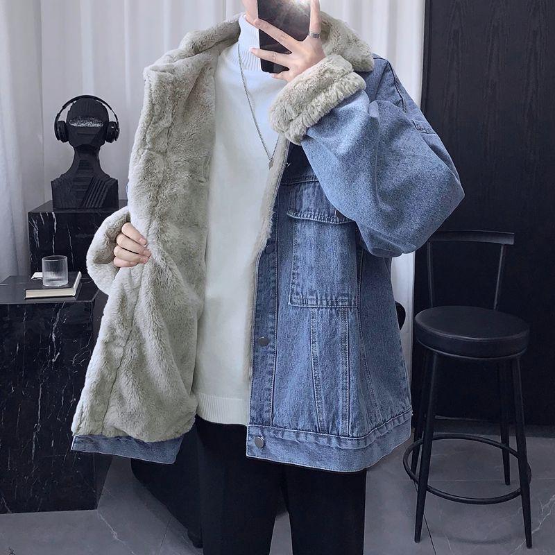 Men's Winter Lambswool Denim Jacket - Trendy American Style, Thickened with Velvet for Warmth, Hong Kong Inspired Fashion.