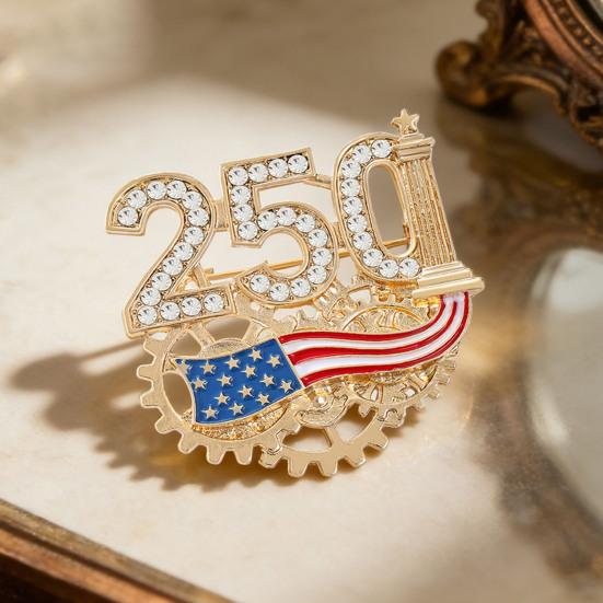 Women Brooch Golden 3D Number 250 Rhinestones Mechanical Gear Base Metallic Design Brooch Pin Sparkling Number Badge