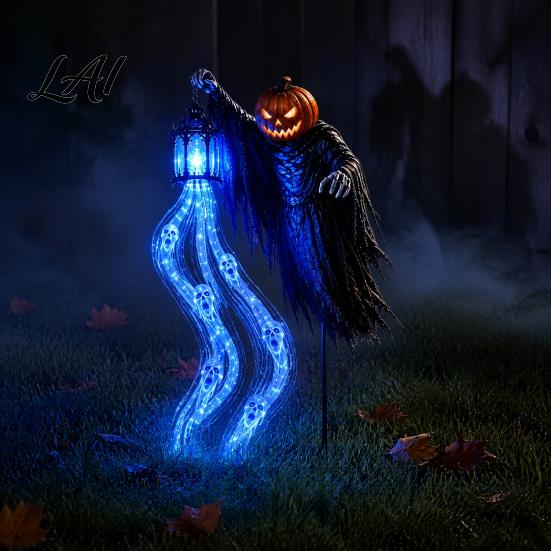 Spooky Yard Scene Accessories Halloween Soul Harvester Solar Garden Stake Light Animated Ghost Lantern with LED Skeleton Pathway Stakes Flowing Eyes,