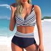 Women's Halter Two Thick Stripes Print Bikini Tankini Swimsuit