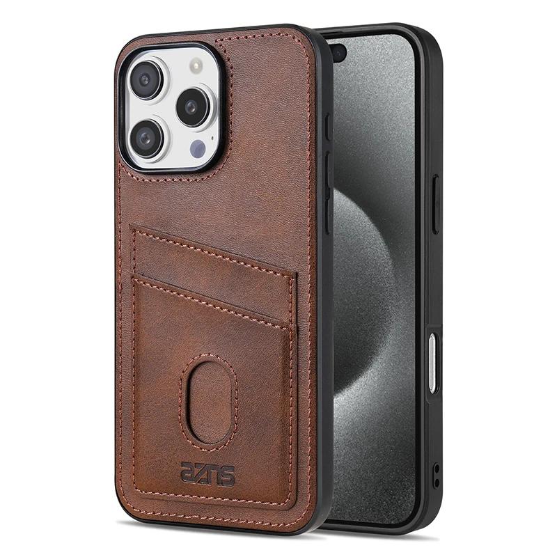 Retro Cards Pocket PU Leather Case for iPhone Air 17 16E 16 15 14 13 12 11 Pro Max Plus Shockproof Soft Protective Phone Cover