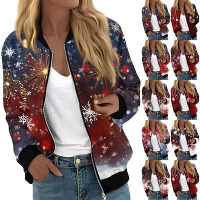 Jackets For Women Long Sleeve Lightweight Zip Up Cropped Fashion Christmas Print Outerwear Casual Quilted Jackets Whith Pockets