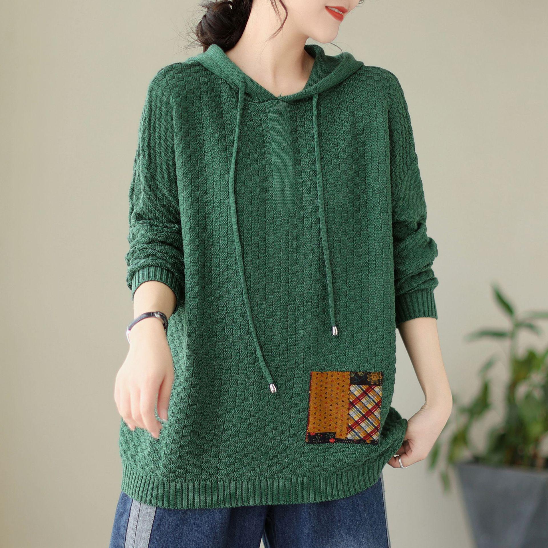 

Johnature женские винтажные свитера с капюшоном вязаная хлопковая одежда с длинными рукавами осенние свободные лоскутные повседневные свитера One Size зелёный