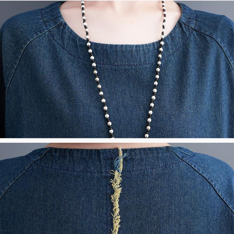 Dimanaf 2023 Women Plus Size Summer Dress Solid Fashion Casual Denim Basic Long Dress Cotton Vintage Loose Blue Clothing