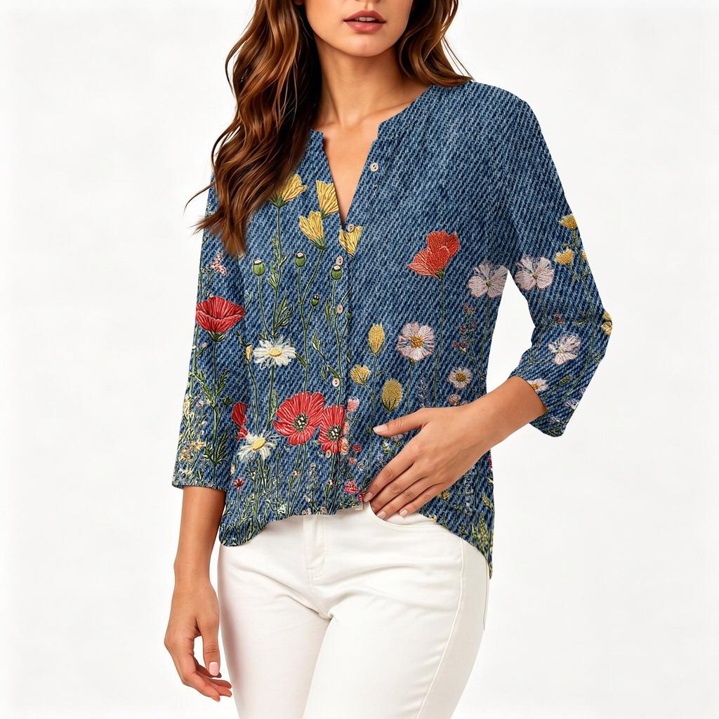 Women's Vintage Floral Print Henley Button Neck Three Quarter Sleeve Linen Cotton Blouse Casual Loose Fit Shirt for Everyday Wear