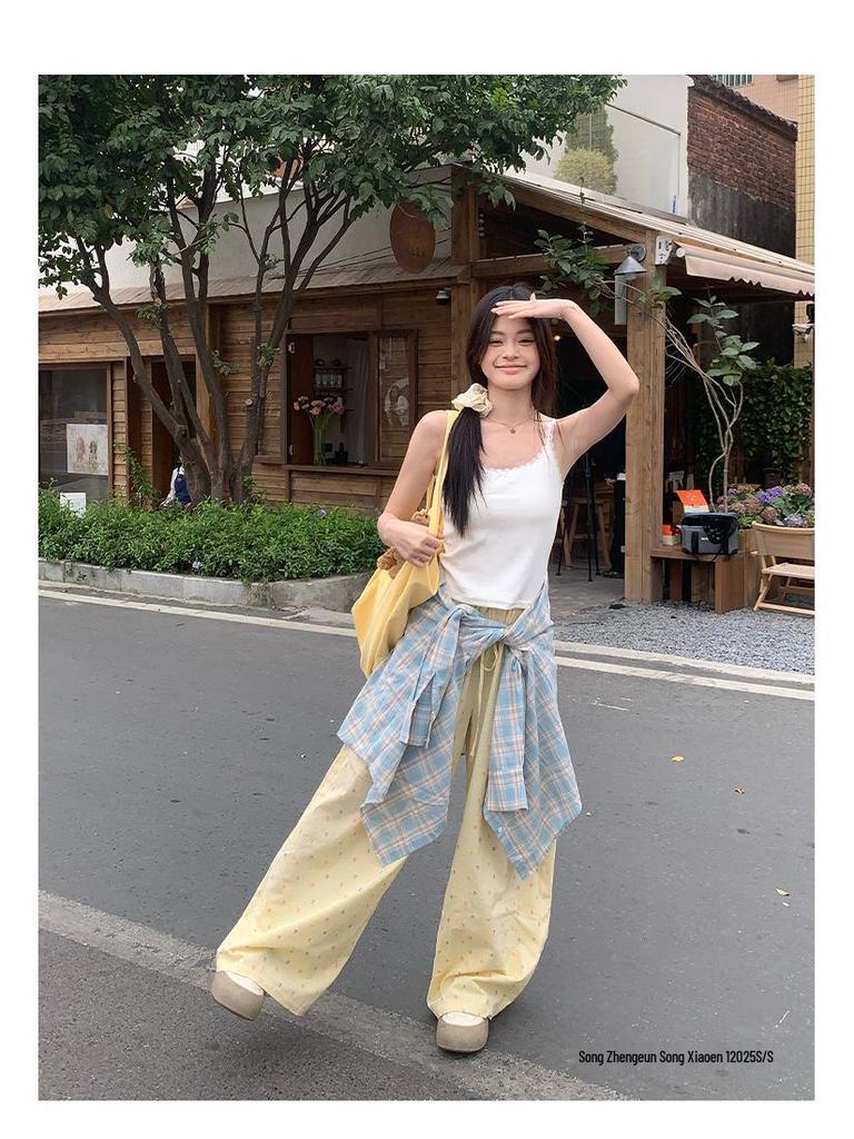 2025 Women's Yellow Jacquard Straight-Leg High-Waisted Slimming Summer Pants