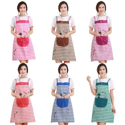 New Cute Home Womens Kitchen Restaurant Bib Cooking Aprons Pockets Striped Apron