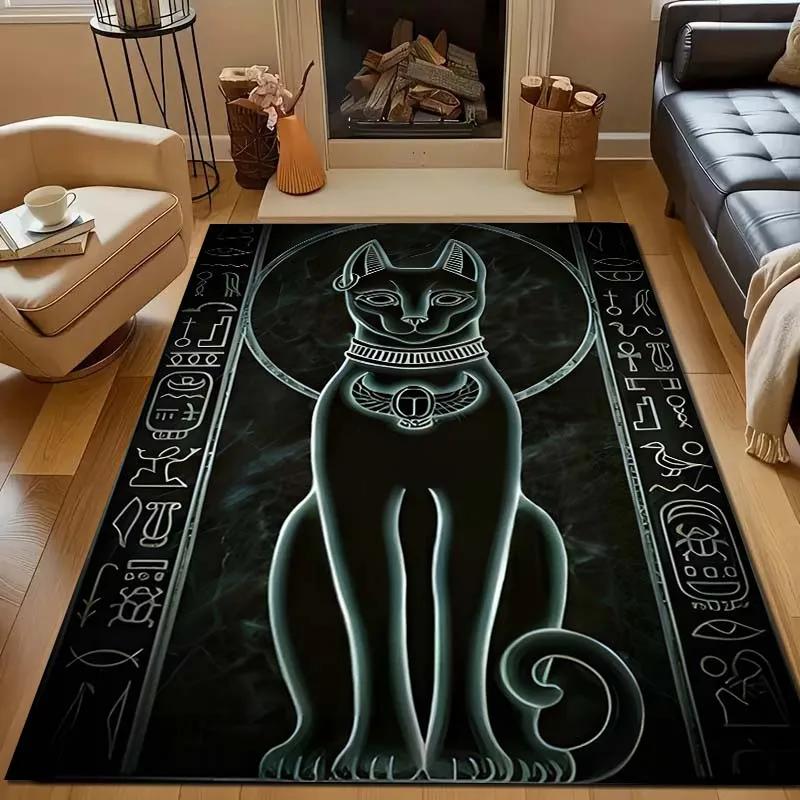 Ägyptische Mythologie Schwarze Katze Teppich für Wohnzimmer Heimdeko Rutschfeste Bodenmatte für Schlafzimmer Große Flächenteppiche Waschbare Teppiche