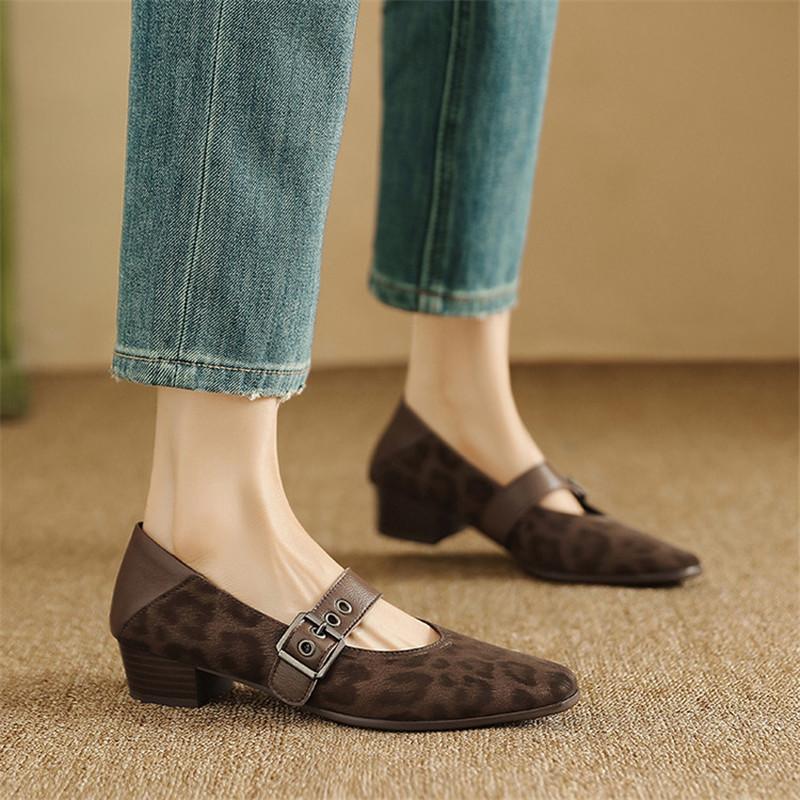 Fashion New Spring/summer Mary Jane Shoes Genuine Leather Shoes for Women Fashion Leopard Print Round Toe Shallow Women Pumps Low Heels