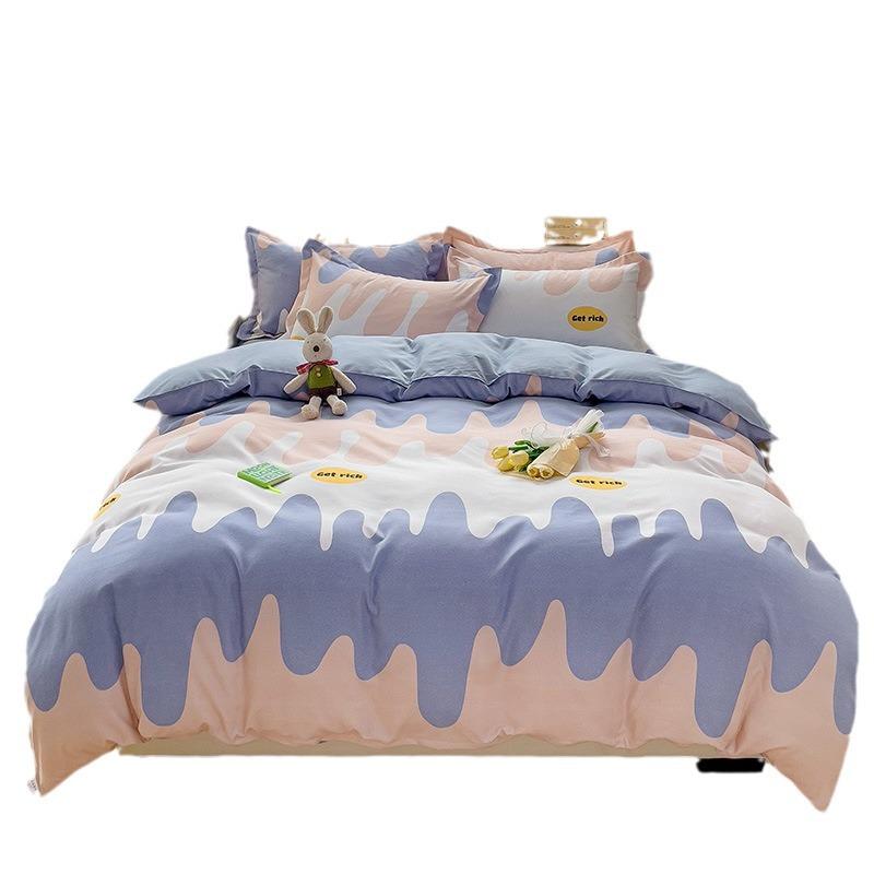 Class A Maternal And Infant Grade Small Fresh Pure Cotton Abraded 4Pcs Set, Skin-Friendly Bed Sheet Washed Cotton Quilt Cover, Dormitory 3Pcs Set