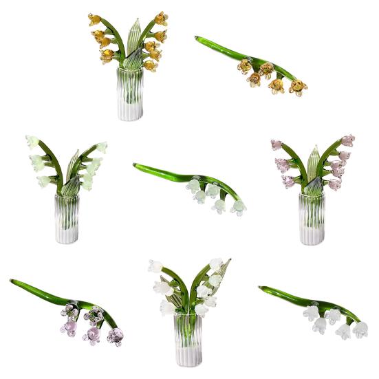 Mini Glass Lily of The Valley Flower Figurine Handmade Faux Crystal Small Flower Bouquet Collectible Ornaments for Mother's Day Birthday Valentines