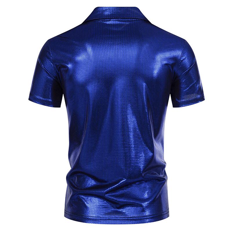 Summer Men's Short Sleeve Polo Shirt Shiny Metallic Streetwear Lapel T-shirts Men Gold Stage Costume Disco Party NightClub Tops